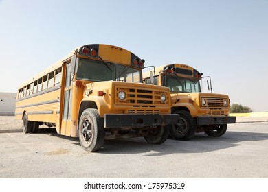 Two yellow school buses in a parking lot. Doha, Qatar, Middle East