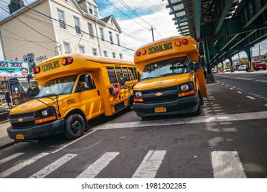 Two Yellow School buses wait for children near to subway 238st, Bronx, New York, United States. 5.27.2021