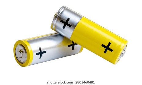 Two yellow and silver cylindrical AA alkaline batteries with plus signs