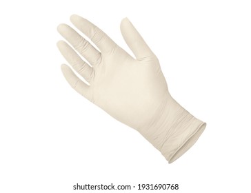 Two Yellow Surgical Medical Gloves Isolated On White Background With Hands. Rubber Glove Manufacturing, Human Hand Is Wearing A Latex Glove. Doctor Or Nurse Putting On Nitrile Protective Gloves