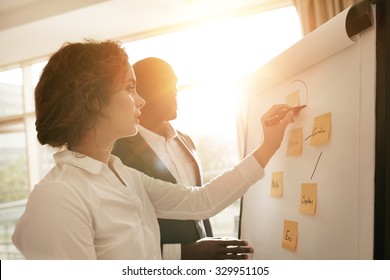 Two young associates working together drawing on flipchart. Businesswoman making a diagram on board and explaining it to male coworker during presentation in conference room.