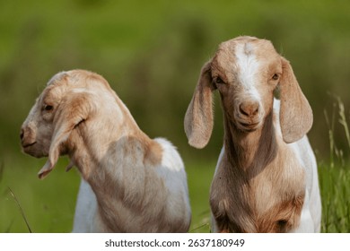 Two Young Baby Goats with Curious Faces – Close-Up of Cute Farm Animals in Natural Light