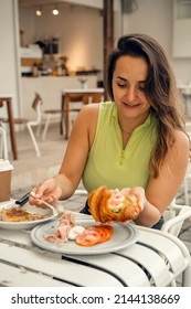 Two Young Beautiful Women Friends Have Breakfast Together, Friendly Brunch.