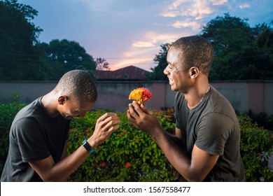 Two Young Black Gay Couple Laughing, One Giving His Partner Flowers As A Surprise