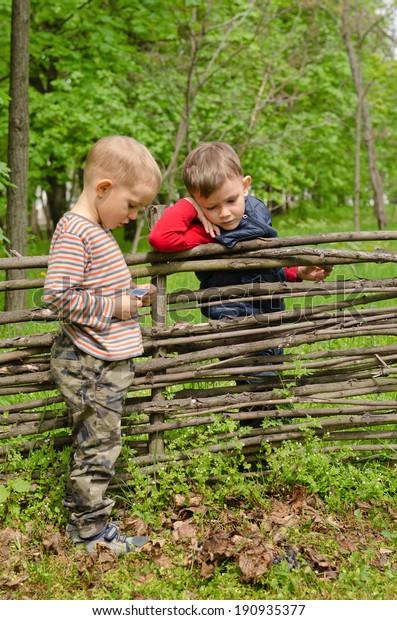 Two young boys discussing lighting a campfire with\
one leaning over a rustic wooden slatted fence chatting to his\
friend as they contemplate the pile of leaves and twigs on the\
ground