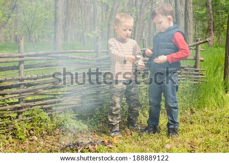 Two young boys play alongside a smoking fire that they have built and lit in a lush green country campsite as they learn to fend for themselves