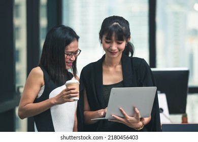 Two Young Business Asian Woman Working Together In Office Space. Asia Business Female People Group Meeting Room Conference Desk Real Office Team.