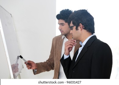 Two Young Businessmen Discussing Business Strategy In A Meeting, Indian Business Man With Latin American Colleague, Two Serious Businessmen,