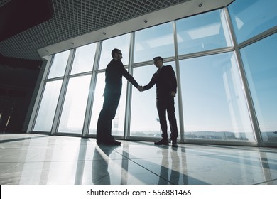 Two young businessmen are shaking hands with each other standing against panoramic windows.