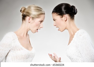 Two Young Caucasian Women Arguing, Studio Shot