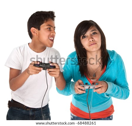 Two young cute Hispanic kids playing video games