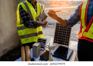 Two young engineers, experts in solar cell installation, meeting and discussing at the factory building, planning the installation of solar panels on the roof.