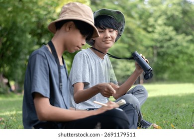 Two young explorers collaborate in the field, one observes with binoculars while the other documents the sighting in a notebook.