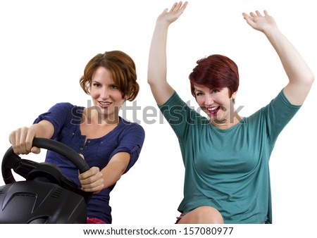 two young female driving on a road trip with white background Stock photo © 