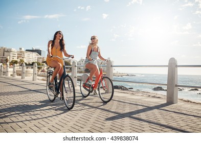 Two young female friends riding their bicycles on the seaside promenade. Cheerful young women riding bikes at the waterfront on a summer day.