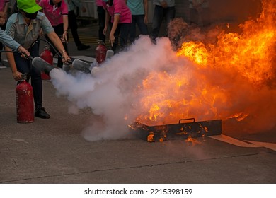 Two Young Female Trainees Use Carbon Dioxide Fire Extinguishers To Extinguish A Fire Caused By Burning Gasoline In A Tray With A Trainer Supervising The Training. Event Of Fire Fighting Training.