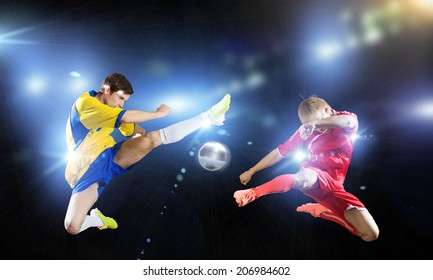 Two Young Football Players Struggling Ball Stock Photo 206984602 ...