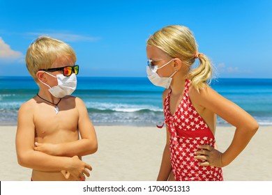 Two young funny children wearing sunglasses, protective mask on sea beach. Summer tours, cruises cancellation due to coronavirus COVID-19 world epidemic. Safe travel destinations for family vacation - Powered by Shutterstock