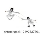 Two young girls, athletes during intense fencing duel, showcasing their skill and agility against white studio background. Concept of professional sport, competition, strength and power, action. Ad