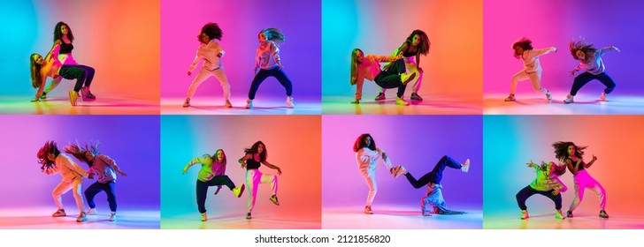 Two young girls  dancing contemporary dance gradient pink purple background in neon  Modern dance  Concept youth culture  movement  active lifestyle  action  street dance  ad
