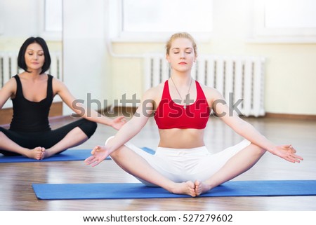 Two young girls and fitness, sport, training, yoga. Group yoga concept - smiling woman doing exercise in gym. Yoga team in gym class