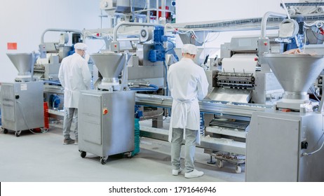 Two Young Male Food Conveyor Belt Employees Work at a Dumpling Factory. They Stand with Their Backs to Camera and Produce Manual Labour on the Line. They Wear White Sanitary Hats and Work Robes. - Shutterstock ID 1791646946