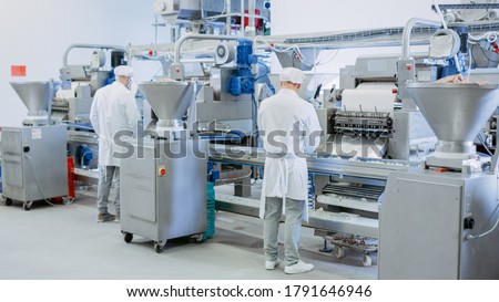 Two Young Male Food Conveyor Belt Employees Work at a Dumpling Factory. They Stand with Their Backs to Camera and Produce Manual Labour on the Line. They Wear White Sanitary Hats and Work Robes.
