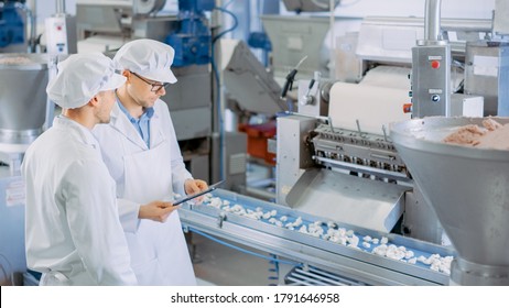Two Young Male Quality Supervisors or Food Technicians are Inspecting the Automated Production at a Dumpling Food Factory. Employee Uses a Tablet Computer for Work. They Wear White Work Robes.