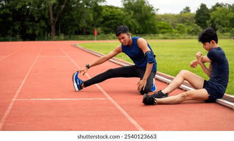 Two young men cool down and stretch on running track after intense workout, flexibility and recovery in outdoor - Powered by Shutterstock