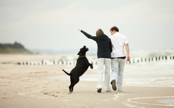 Two Young People Running On The Beach Kissing And Holding Tight With Dog