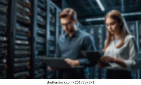 Two young IT professionals analyzing data in a data center surrounded by server racks. The technical environment emphasizes network management and digital infrastructure - Powered by Shutterstock