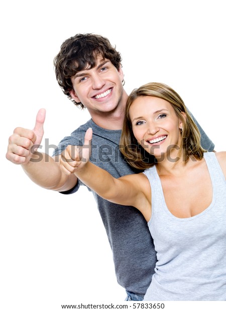 Two Young Smiling People Thumbsup Gesture Stock Photo 57833650 ...