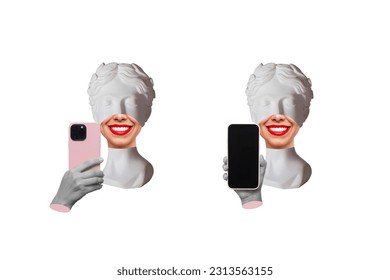 Two young smiling women headed by antique statue with red lips hold mobile phone with front and back sides demonstrating copy space for text or design isolated on a white background. Contemporary art