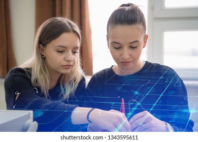 Two Young Students In Technical Vocational Training, The Lesson In Technical College. Education And Technology Concept.