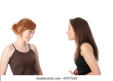 Two Young Womans Talking Isolated On White Background