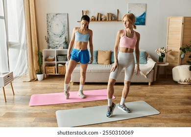 Two young women dance playfully on exercise mats, sharing joy and love in their home. - Powered by Shutterstock