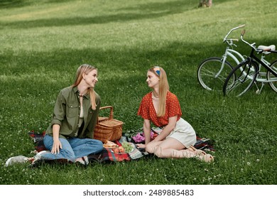 Two young women enjoying a picnic date in a lush green park. - Powered by Shutterstock