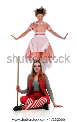 Two young women performing a version of theatrical act 