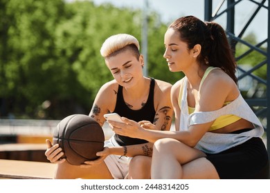 Two young women sitting on a bench outdoors, engrossed in a cell phone screen. - Powered by Shutterstock