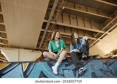 Two young women sitting on ramp under large bridge, skateboards beside them, enjoying time Together, capturing casual and relaxed moment in urban environment - Powered by Shutterstock