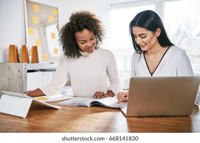 Two young women working together in an office at their small business sitting reading a report or paperwork with pleased smiles