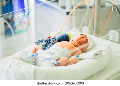 Two-day-old newborn baby boy in intensive care unit in a medical incubator. Newborn rescue concept. The work of resuscitation doctors. Photo indoors. - Shutterstock ID 2060906300