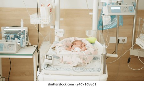 Two-day-old newborn baby in intensive care unit in a medical incubator. Newborn rescue concept. The work of resuscitation doctors. A newborn child in the hospital. Baby in vertex inside incubator. - Powered by Shutterstock