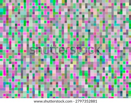Two-dimensional kaleidoscopic mosaic of small, solid pastel rectangles with frequent overlap, for background or element with motifs of whimsy, multiplicity, or ice-creamy summer. Geometric profusion.