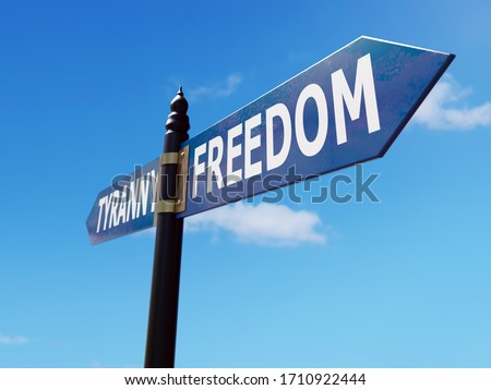 Two-directional metal signpost indicating Freedom and Tyranny directions over blue sky