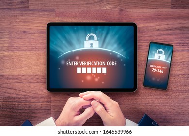 Two-factor Authentication (2FA) And Verification Security Concept. User With Digital Tablet And Smart Phone And Two-factor Authentication Security Process. Verify Code On Smart Phone, Flatlay Design.