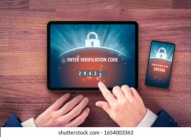 Two-factor Authentication (2FA) And Verification Security Concept. User With Digital Tablet And Smart Phone And Two-factor Authentication Security Process. Verify Code On Smart Phone, Flatlay Design.