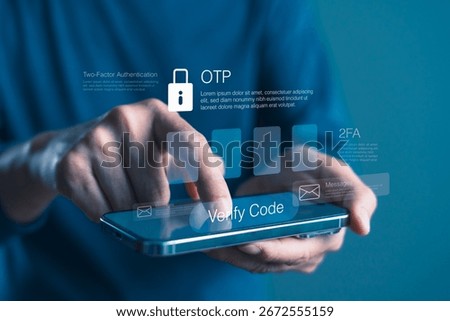 Two-factor authentication interface on smartphone with hand entering OTP code, showing lock icon and message notification, for secure login, digital identity, and online protection