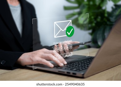 Two-factor authentication, Two-tier encryption concept, Business Woman receives security code message from Smartphone, Verify identity in secure encryption, Personal data, Banking, documentation data - Powered by Shutterstock