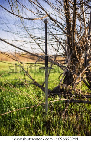 two-handed sword in the ground, against the background of a green field, sky and trees.
